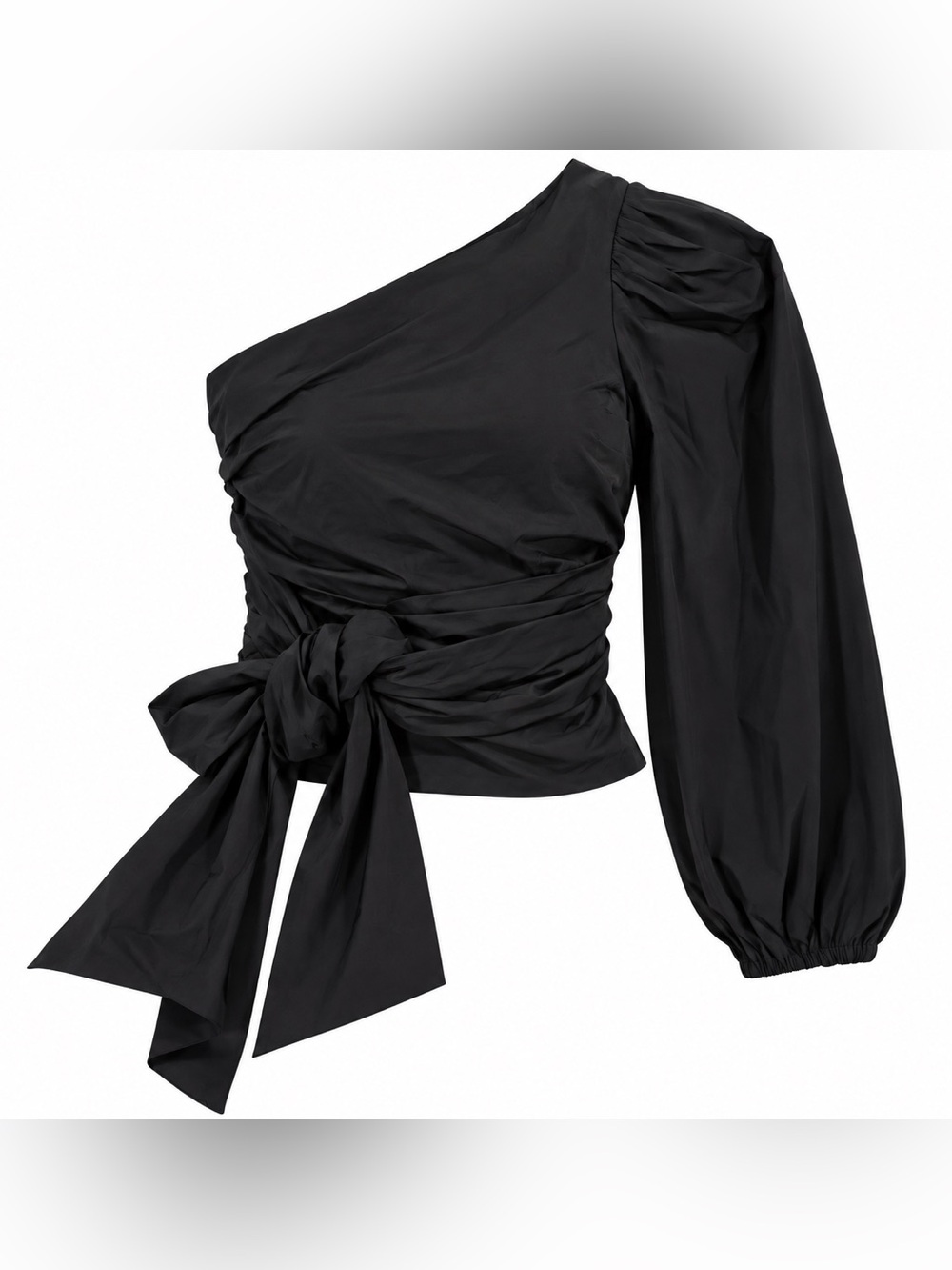 Express Black One-Shoulder Wrap Blouse with Balloon Sleeve